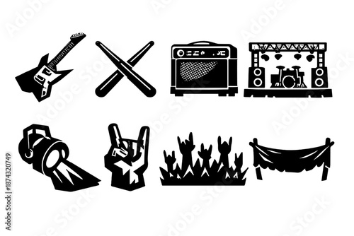 Rock Band Icon Set. Rock band icon set in silhouette bold style. Contain electric guitar, drumsticks, amplifier, stage silhouette, spotlight, rock hand sign, concert crowd, banner