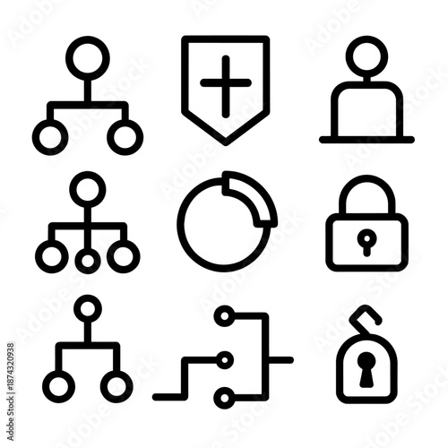 Skill Tree Design. Skill Trees basics set in outline vector style: branching nodes, skill icon, level marker, path lines, unlock symbol, progress ring