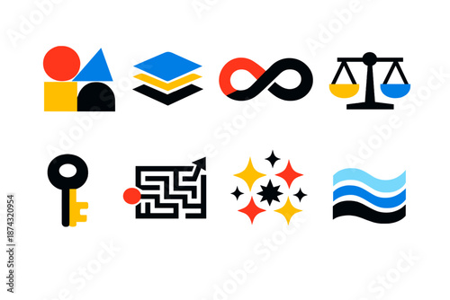 Brutalist Icon Set. Abstract knowledge icon set in silhouette bold style. Contain geometric shapes, layered layers icon, infinity loop, balanced scales, key