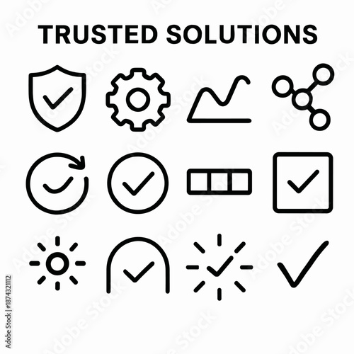 Reliable Icons Arrangement. Trusted Solutions set in outline vector style: checkmark shield, solid gear, stable contour line, dependable nodes, solution arrow,