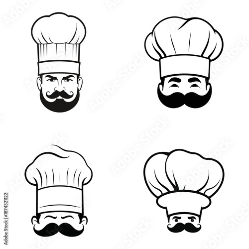Complete chef head logo collection with moustache and hat vector silhouettes for restaurant chain branding food industry marketing and culinary franchise identity