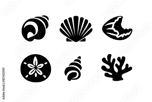 Tropical Shore Icons. Tropical shore finds icon set in silhouette bold style. Contain smooth seashell, ridged shell, broken shell piece, sand dollar, tiny shell, coral fragment