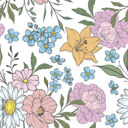 Botanical Background with forget me not flowers and leaves soft pastel tones. Floral Seamless background Illustration. Floral Seamless Pattern. Botanical pattern for wrapping paper, textile, fabric