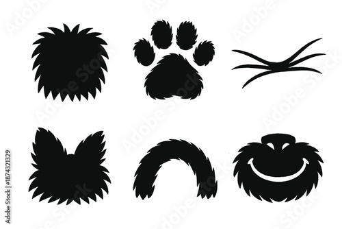 Whimsical Fur Icons. Whimsical fur icon set in silhouette bold style. Contain tufted fur patch, cute paw tip, lively whisker line, fuzzy ear curve, happy bounce arc, soft muzzle mark