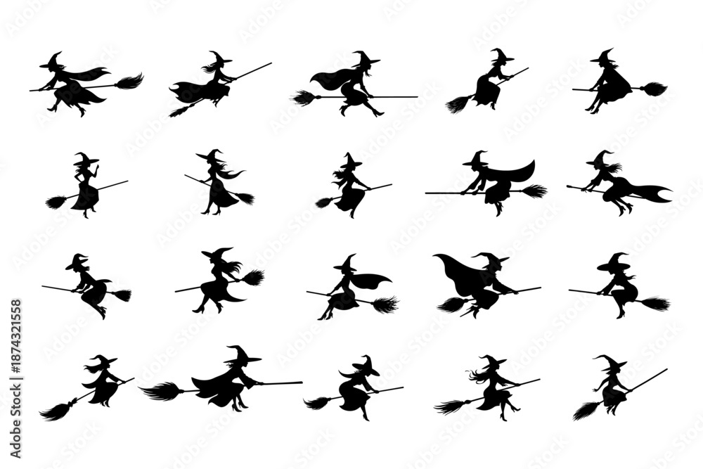 Fototapeta premium Complete witch riding broom silhouette collection minimalist vector set for Halloween branding magical merchandise and fantasy-themed marketing campaigns