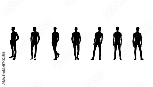 Thin male figures standing casual front view vector silhouettes for fitness branding healthy lifestyle campaigns and body-positive marketing