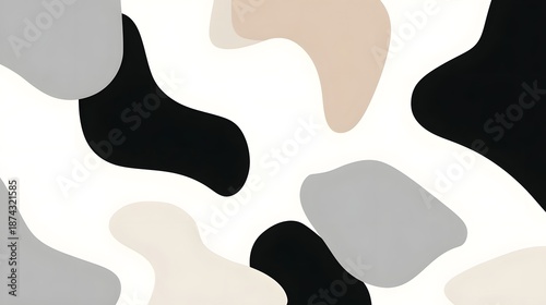 A minimalist abstract design featuring fluid amoeba like shapes in bold black grey and beige against a clean white background creating a stylish contemporary pattern