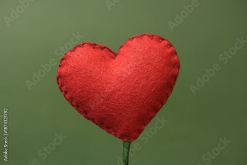 Foto red felt heart on a green background