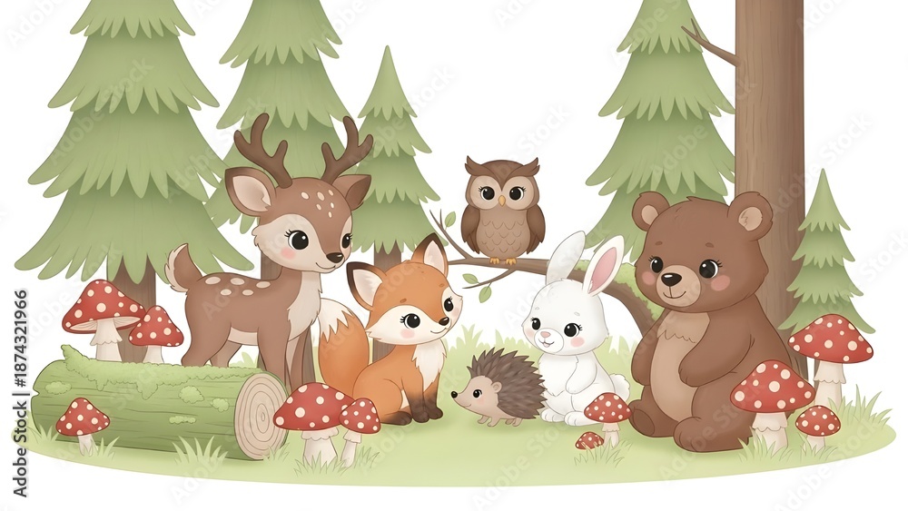 Fototapeta premium Animales salvajes del bosque. Oso, ardilla y ciervo, castor y liebre, pájaro carpintero y setas, abeto y abedul, bayas. Conjunto de vectores de animales de bosque lindo bebé