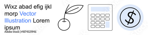 Finance, budgeting, wealth management, calculation, savings, business solutions. Minimal icons a calculator, dollar sign and cherry. Finance and budgeting visually displayed