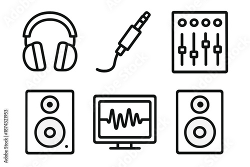 Studio Equipment Icons. Studio equipmentset in outline vector style closed back headphones, audio cable, jack plug, mixing console, monitor speaker, waveform screen