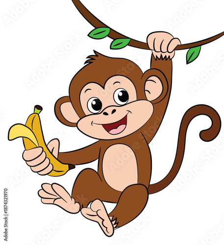 Monkey is hanging from a branch holding a banana