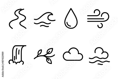 Nature Icons. Natural Flow set in outline vector style: winding river, gentle wave, falling raindrop, breeze swirl, cascading waterfall, curving branch, drifting cloud, tide line