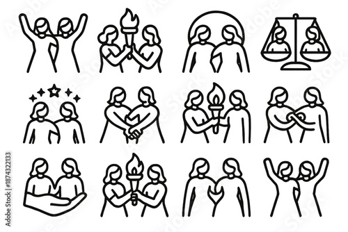 Empowered Sisterhood Icons. Empowered Sisterhood set in outline vector style : raised joined arms, shared torch glow, mutual support arc, balanced partnership