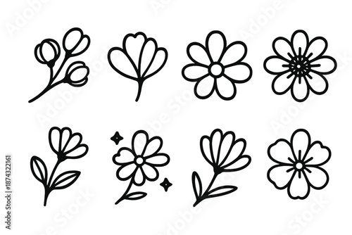 Spring Blossoms Icons. Seasonal Blossoms set in outline vector style : clustered spring buds, soft petal fan, leafy sprig, radiant bloom core, delicate stem arc