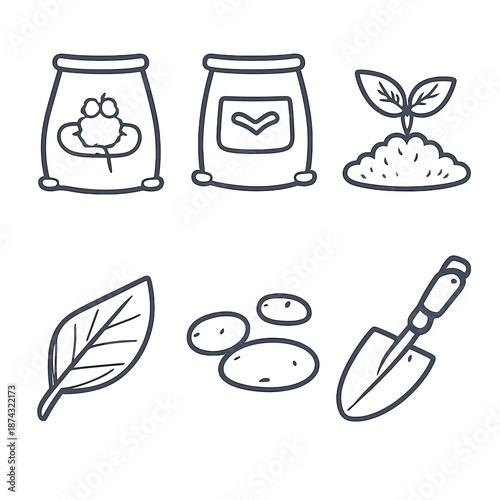 Garden Tools Icons. Soilset in outline vector style Compost, Soil Bag, Sprout, Leaf, Pebble, Garden Trowel