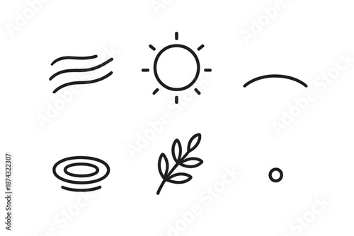 Serene Icon Set. Mild Atmosphere set in outline vector style : airy wisp, warm halo, soft ground arc, tranquil ripple, gentle leaf sprig, peaceful bead