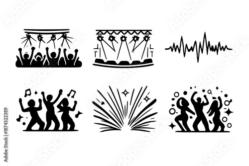 Concert Vibes Icons. Event excitementset in outline vector style concert crowd, stage lights, sound wave, dancing silhouettes, energy beams, night glow