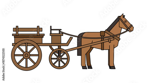 Brown horse pulling a traditional wooden cart with large wheels and simple harness system slowly.