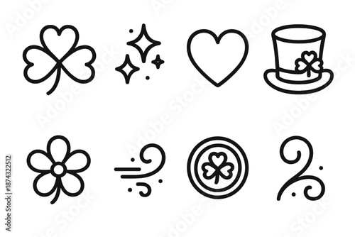 Charming Holiday Icons. St. Patrick’s Day Charming Expressions set in outline vector style: sweet clover, tender sparkle, subtle heart shape, soft greeting arc,