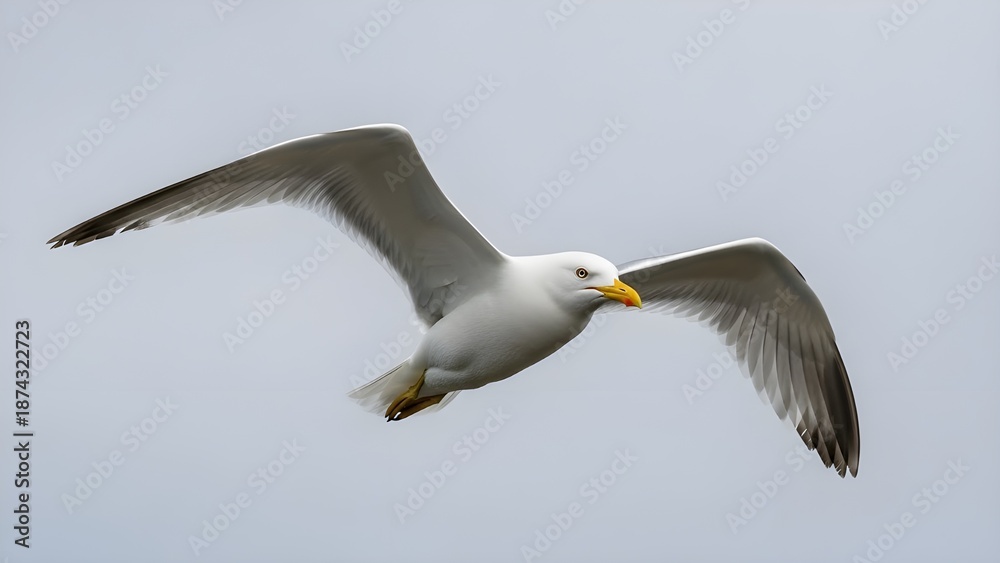 Obraz premium Una majestuosa gaviota volando con gracia a través del cielo azul claro. alas completamente extendidas. capturando la esencia de la libertad y la belleza de la naturaleza. ideal para fotografía de