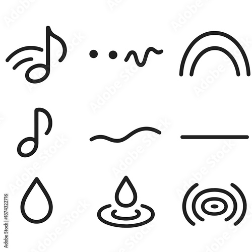 Melodic Music Icons. Soft Melody set in outline vector style : flowing note curve, gentle rhythm dots, airy sound wave, light harmony arc, subtle beat line, melodic droplet, soft contour, tuned ripple
