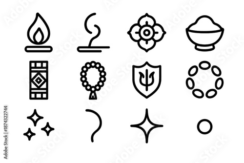 Ritual Symbols Collection. Ceremonial Rituals set in outline vector style: glowing flame, incense smoke arc, sacred emblem, offering bowl, patterned textile