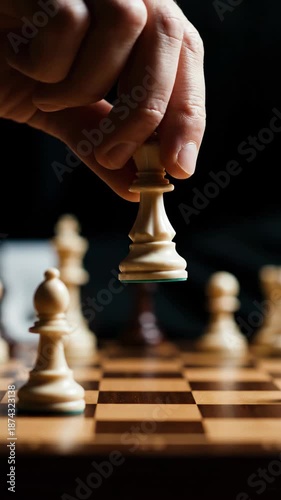 Hands reposition pieces on a chess board showing strategic moves during a competitive game. Close-up on chess pieces and board, indoor setting