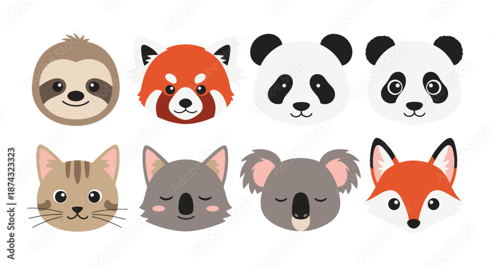 Obraz premium Large set of cute animal head icons including sloth panda koala cat fox and red panda in a clean flat cartoon illustration style.