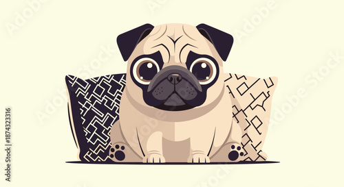 Adorable pug dog character with large expressive eyes sitting on patterned cushions in a cozy indoor home setting for pet lovers.