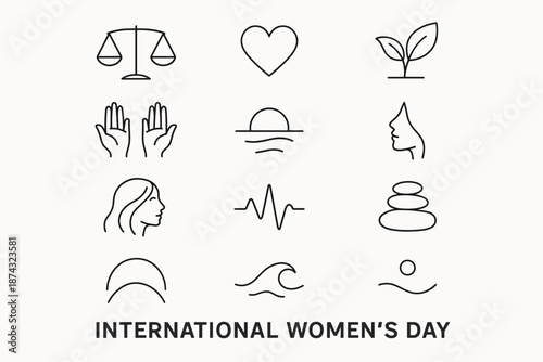 Symbols of Balance and Harmony. International Women’s Day set in outline vector style: balanced scales, centered heart, flowing curve, open hands, calm horizon,