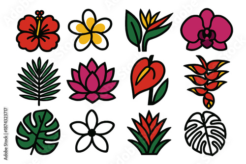 Tropical Flower Icons. Tropical Flowers icon set in silhouette bold style. Contain hibiscus, plumeria, bird of paradise, orchid, frangipani, palm leaf, lotus,