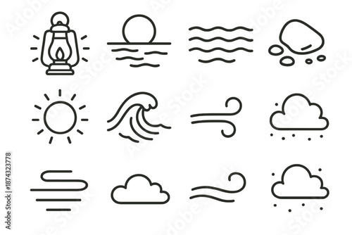 Coastal Night Icons. Evening coastlight set set in outline vector style : dim lantern, horizon moon, tide ripple, pebble chip, warm glow orb, foam crest, breeze arc, subtle haze