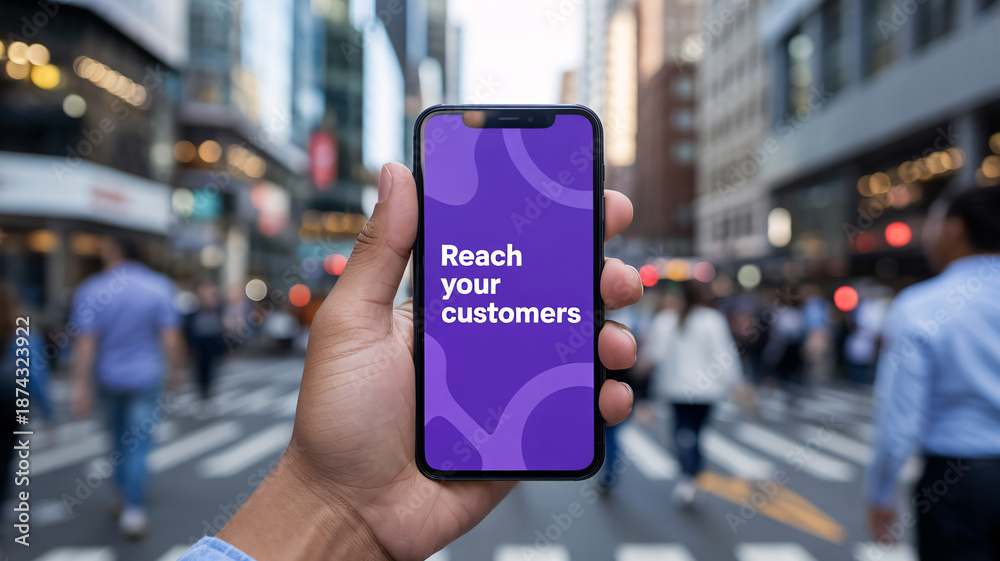 Fototapeta premium First person view of hand holding smartphone with purple screen and text 