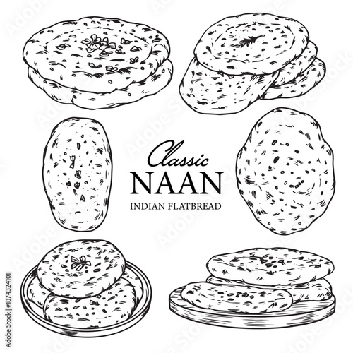 Set of hand drawn Indian flatbread Crispy Naan outline drawing illustration