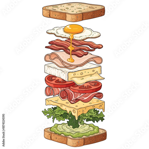 Exploding Gourmet Sandwich Illustration with Dripping Egg Yolk