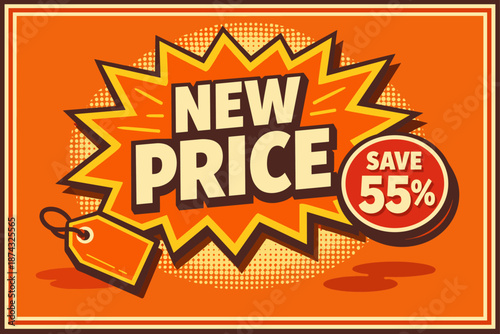 Bright sale graphic with new price tag and 55% discount on orange background