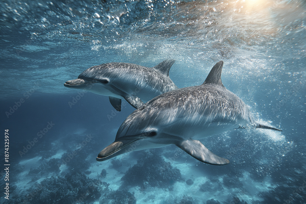 Fototapeta premium Two dolphins swimming underwater near ocean surface with sunlight filtering through clear blue water, creating peaceful and natural marine scene