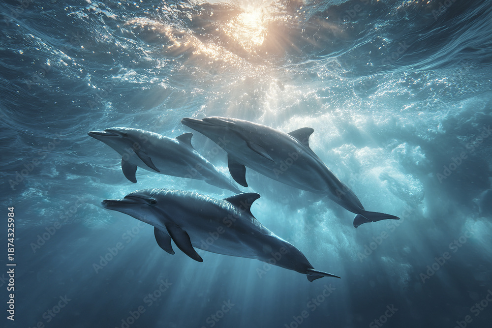 Obraz premium Dolphins swimming beneath ocean waves with clear visibility and sunlight filtering through water, creating serene and natural underwater scene full of life and motion
