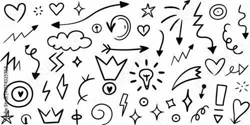 A playful collection of hand drawn doodles featuring hearts stars and various shapes