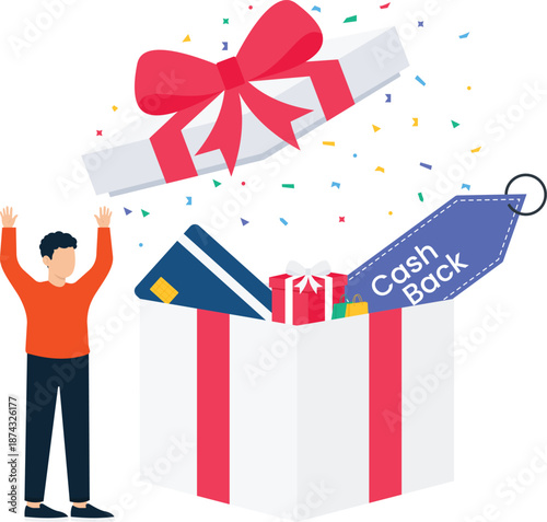 Man celebrating reward program gift box opening cash back financial bonus loyalty scheme credit card special offer digital marketing excited recipient