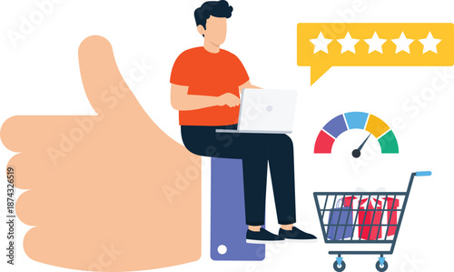 shopping promotion, five star, customer feedback, retail discount, e-commerce sale, megaphone announcement, gift box, online marketing, flat design, special offer, sales campaign