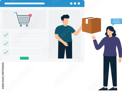 Online shopping drone delivery modern logistics digital commerce package shipping internet purchase future technology web interface customer service two people successful transaction