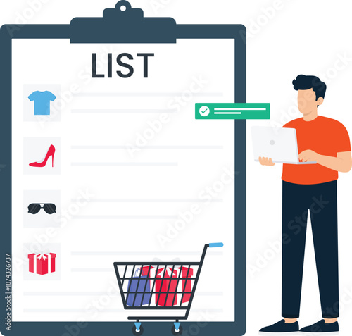 Young man online shopping digital commerce checklist management retail purchase business concept modern technology flat design task completion