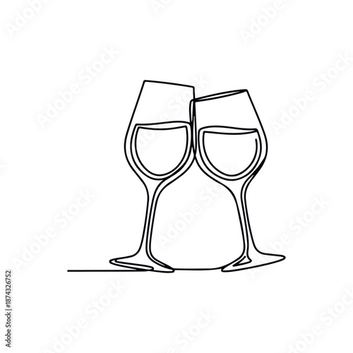 Two elegant wine glasses clinking together in a celebratory toast with wine inside slowly.