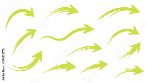 Collection of green arrows pointing in various directions with dynamic and energetic brush strokes.
