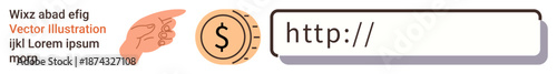 Online payment, e-commerce, web monetization, digital economy, financial transactions, online business. Hand pointing to a coin and a URL bar. Online payment and e-commerce theme