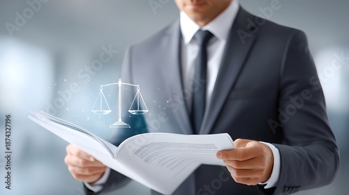 A legal professional examines papers symbolizing justice law and professional analysis in a modern business environment