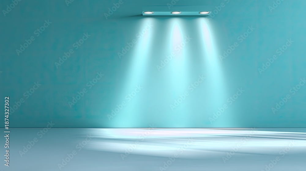 Obraz premium Bright and Minimalist Room with Soft Blue Walls and Ceiling Lights Creating an Inviting Atmosphere for Modern Interiors and Creative Spaces