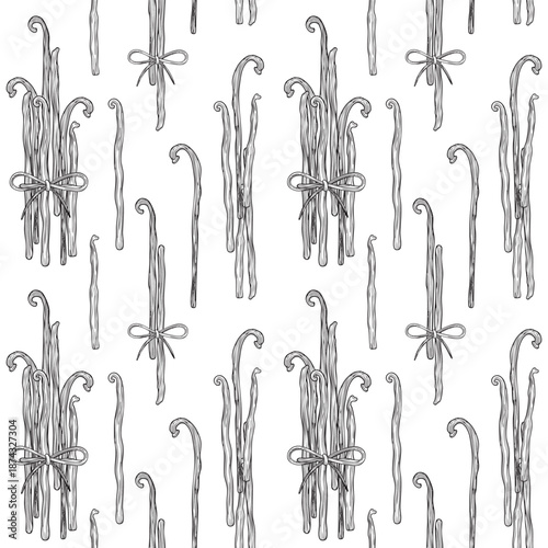 Hand-drawn seamless pattern made of vanilla pods and decorative bows on white background, graphic botanical detailed sketch